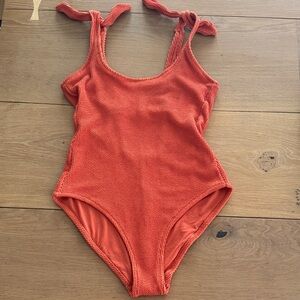 Kona Sol Orange Ribbed Knotted Strap Swimsuit